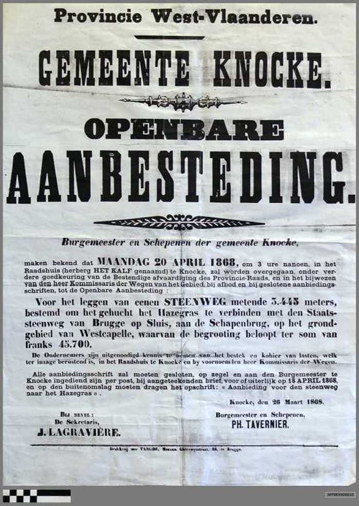 Provincie West-Vlaanderen. Gemeente Knocke. Openbare aanbesteding. Betreffende aanleg van steenweg om Hazegras met steenweg tussen Brugge en Sluis te