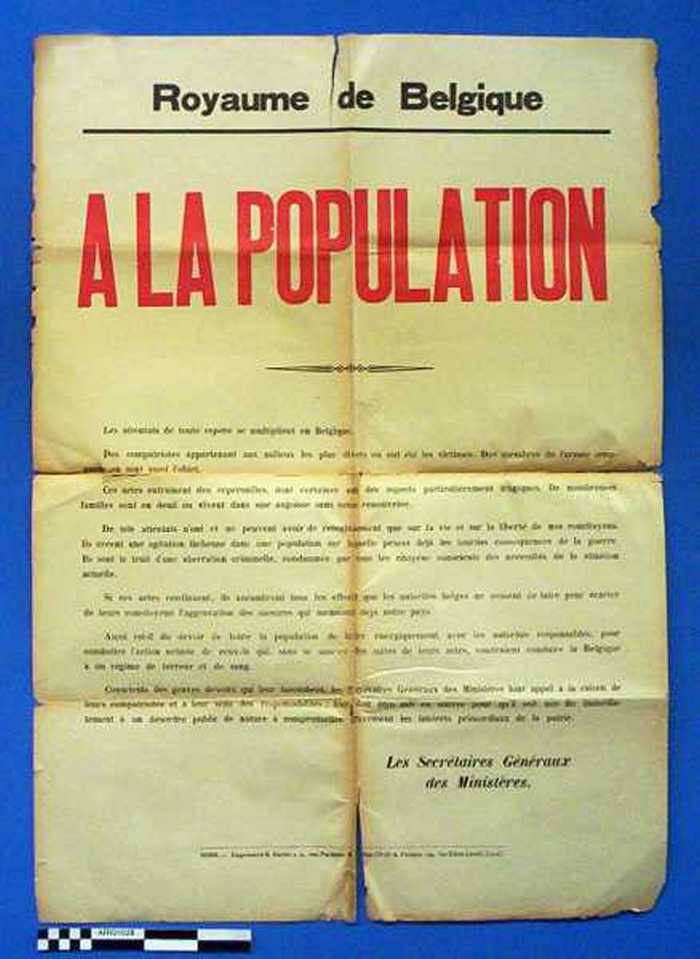 Royaume de Belgique. A la population - Les attentats de toute espèce se multiplient en Belgique. Des compatriotes appartenant aux milieux les plus div
