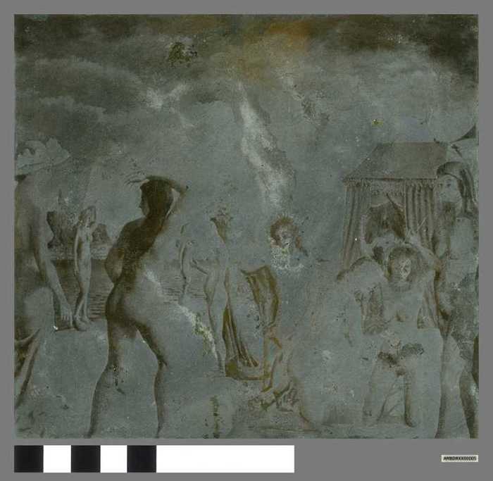 Drukplaat: Schilderij met surrealistische baadsters, door P. Delvaux