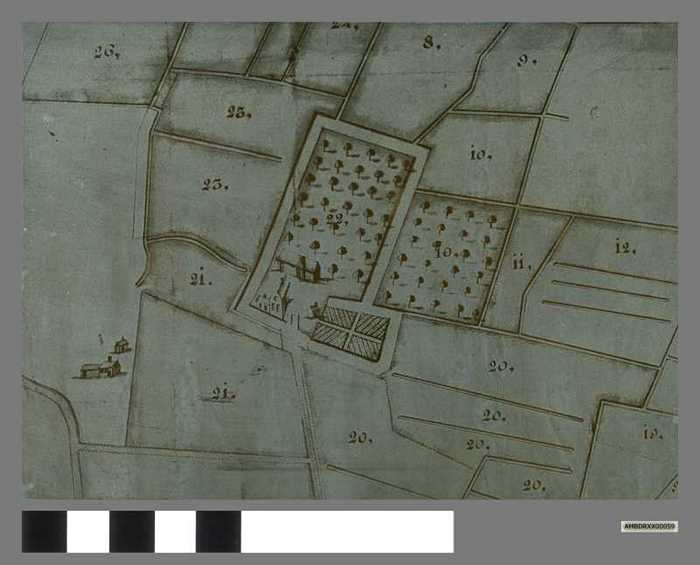 Drukplaat: Het hof van J.B. Traen-Focke rond 1700 te Koolkerke