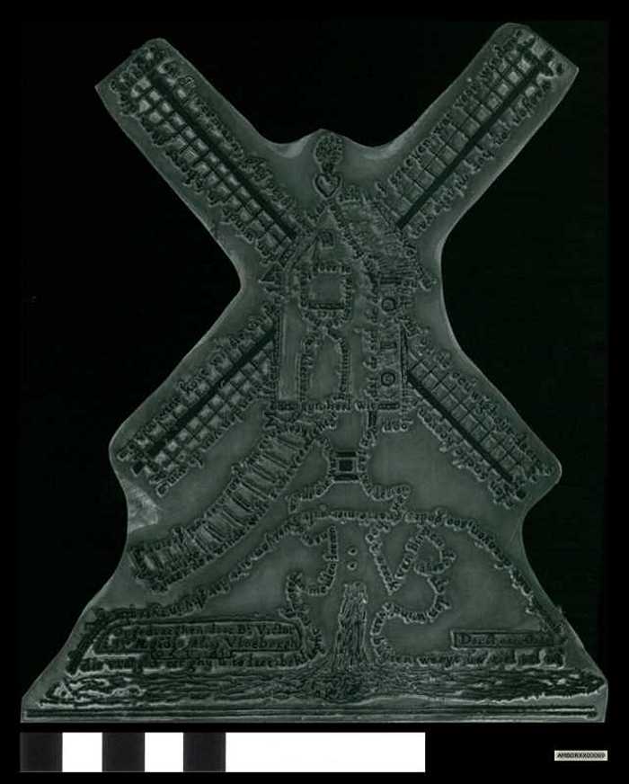 Drukplaat: Tekening van een molen met tekst