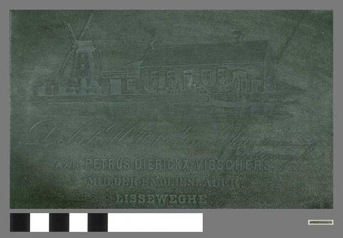 Drukplaat: afbeelding van de 'Witte Molen' en omliggende gebouw uit Lissewege