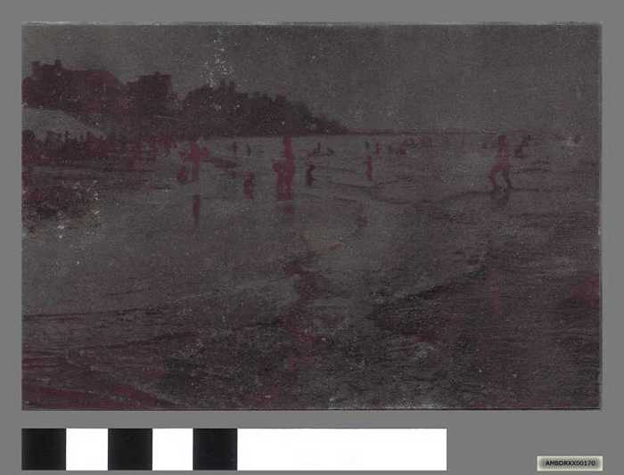 Drukplaat: Badgasten bij hoog water