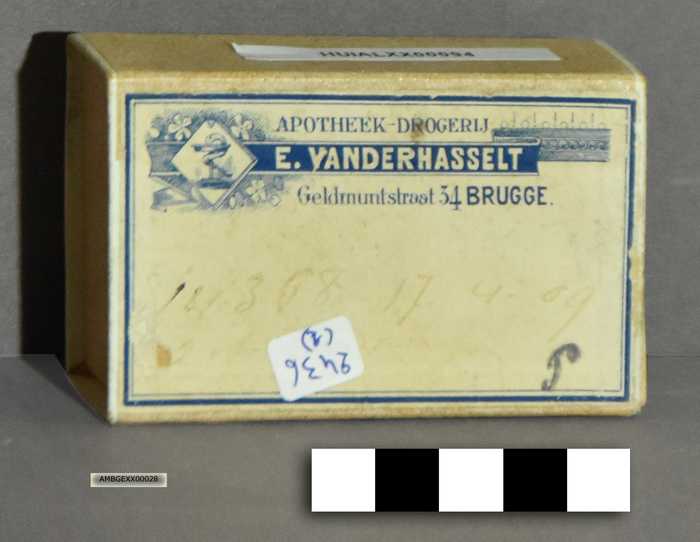 Kartonnen schuifdoosje voor pillen - Apotheek E. Vanderhasselt - Brugge