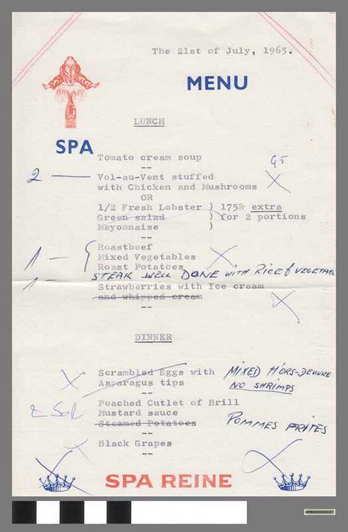 Ontwerp MENUKAART voor 21 July 1965