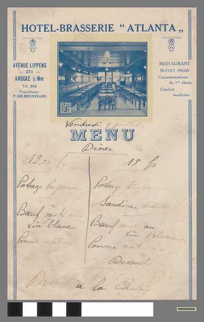 Hotel-Brasserie 'Atlanta' - Menukaart - Vendredi 9 juillet