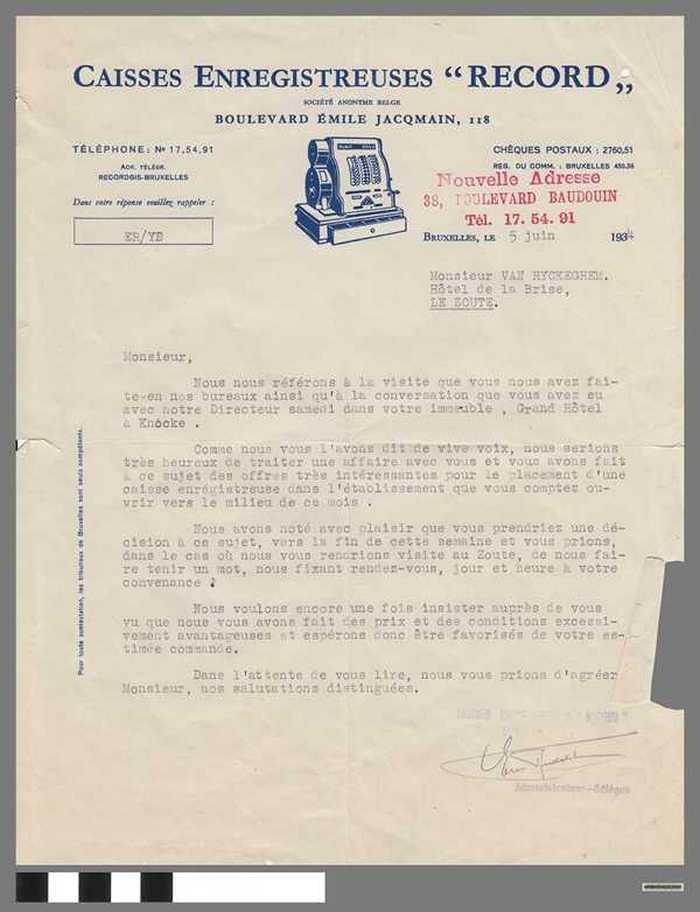 Caisses Enregistreuses 'RECORD' Société Anonyme - Correspondentie met 'Hotel De La Brise' en 'Grand' Hotel'