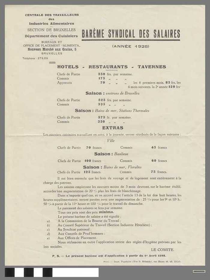 Barème syndical des salaires - Année 1928