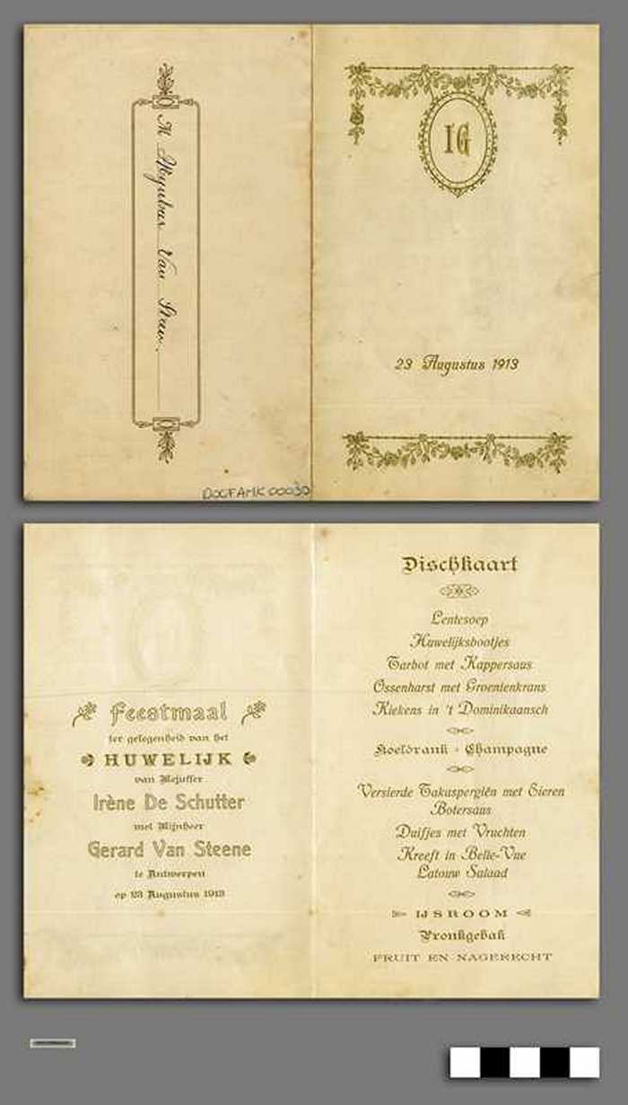 Menu ter gelegenheid van het huwelijk van Irène De Schutter en Gerard van Steene
