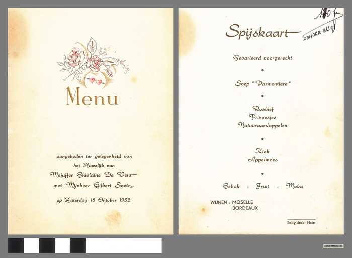 Menu aangeboden ter gelegenheid van het Huwelijk van Mejuffer Ghislaine De Vent met Mijnheer Gilbert Soete op Zaterdag 18 Oktober 1952