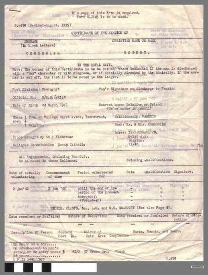 Certificate of the Service in the Royal Navy of Robert Cordenier