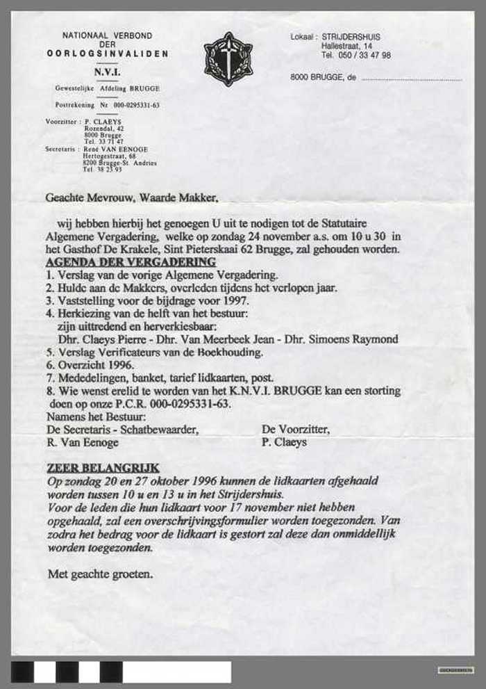 Uitnodiging: Algemene vergadering van Verbond van Oorlogsinvaliden.