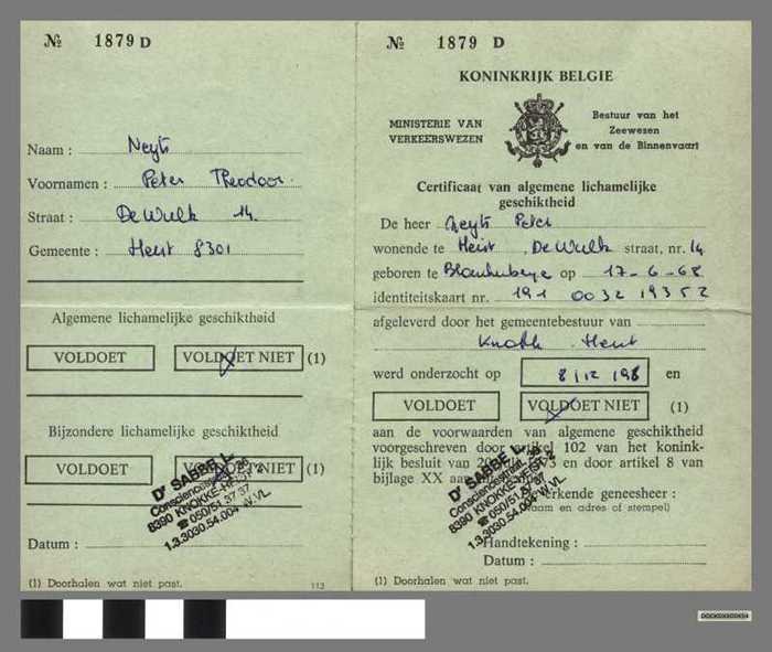 Certificaat van bijzondere lichamelijke geschiktheid - NEYTS Peter