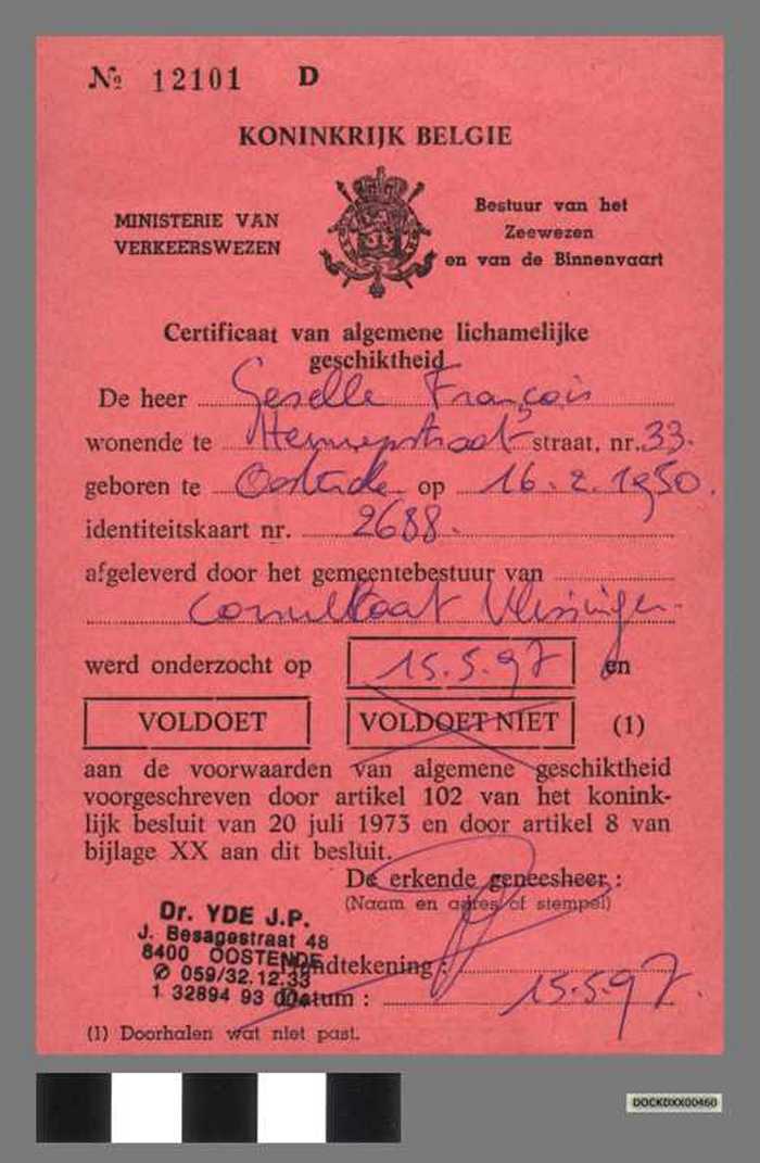 Certificaat van bijzondere lichamelijke geschiktheid - GESELLE François