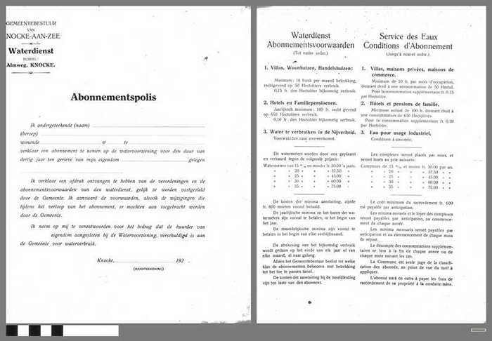 Abonnementspolis waterdienst Knokke / Police d'Abonnement Service des Eaux de Knocke