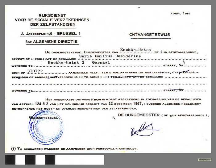 Rijkdienst voor de sociale verzekeringen der zelfstandigen - Ontvangstbewijs - SERIE Emilius
