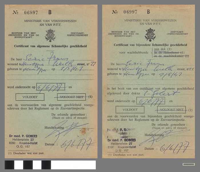 Certificaat van algemene lichamelijke geschiktheid - SERIE Frans - 1977