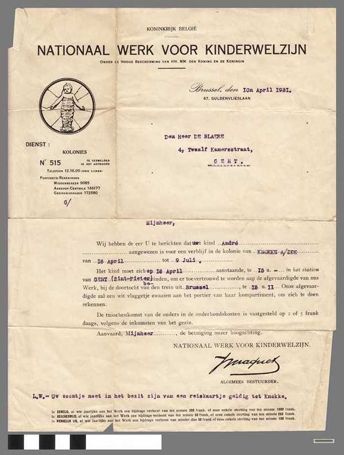 Nationaal Werk voor kinderwelzijn - Dienst: Kolonies nr 515 - Toelatingsbewijs voor verblijf in de kolonie van knokke a/zee