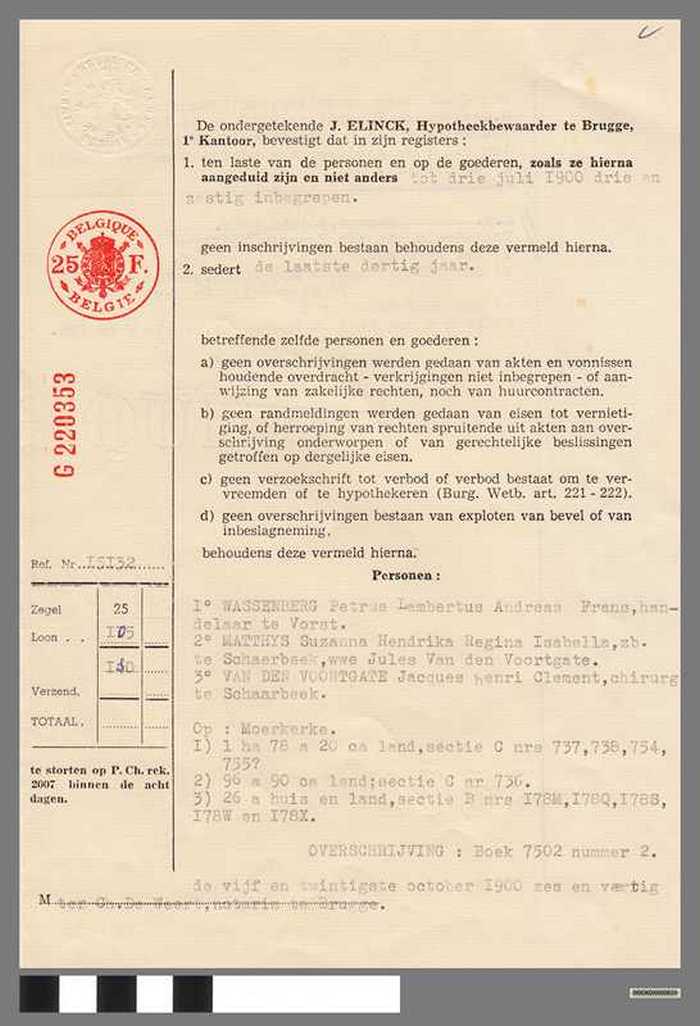 Getuigschrift -  Hypotheekbewaarder te Brugge - G220353 - Ref 15132