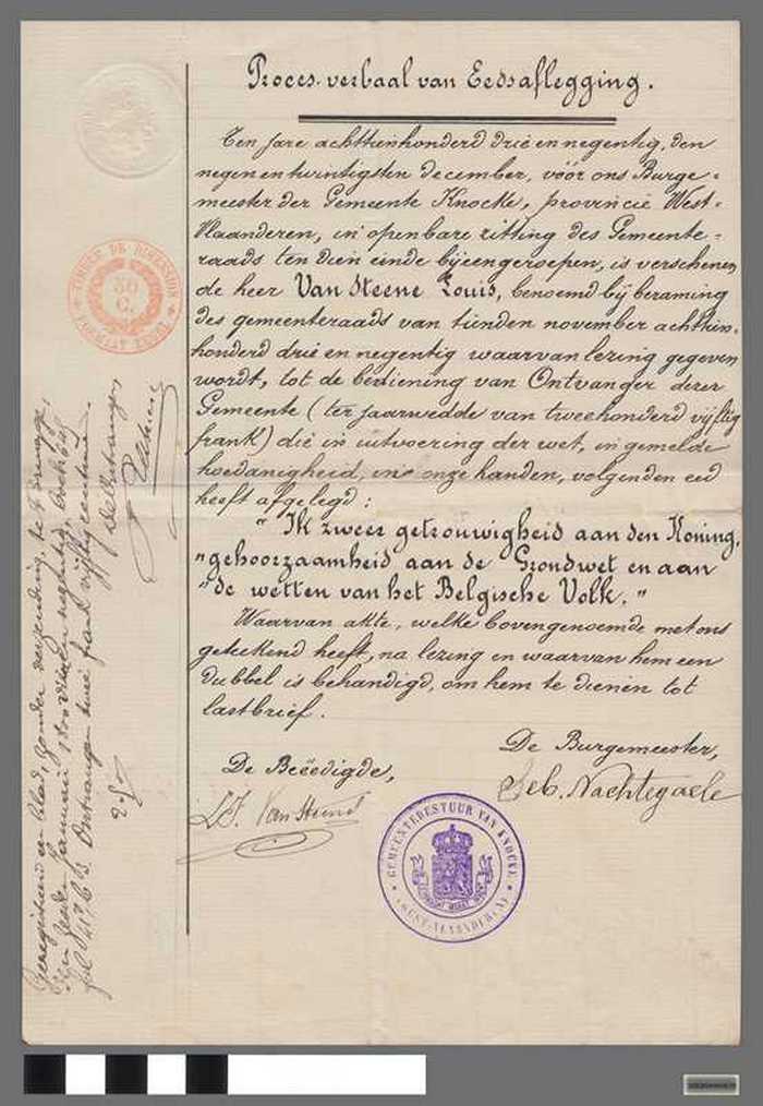 Proces-verbaal van Eedaflegging - Van Steene Louis, Gemeente-ontvanger Knocke