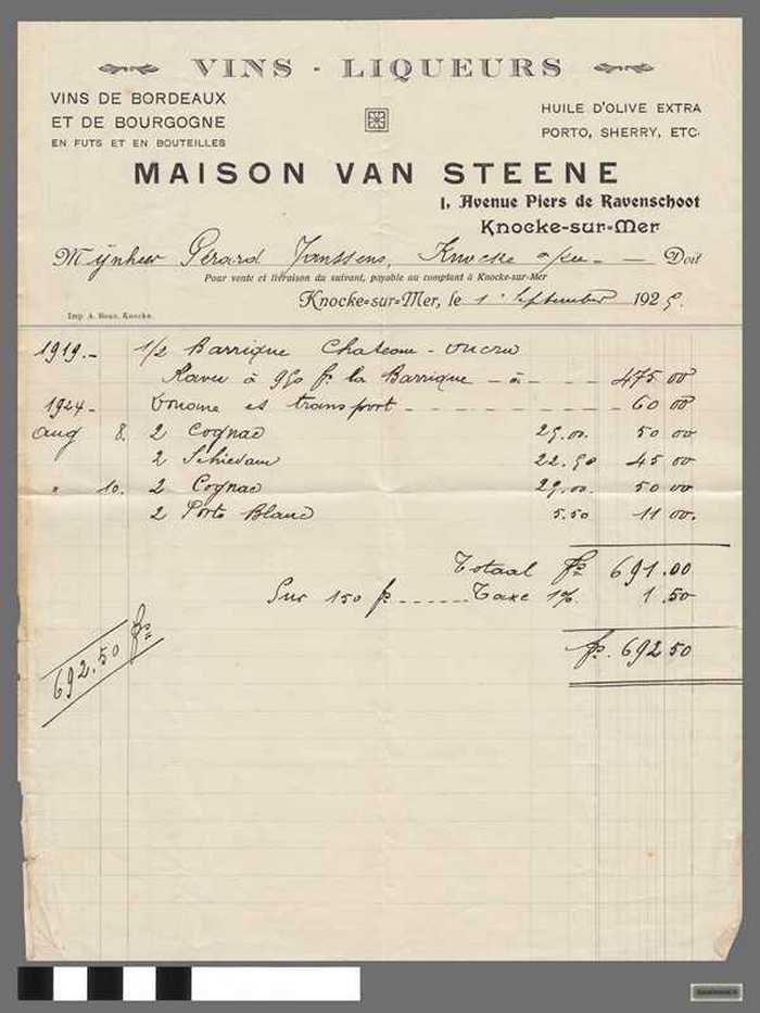 Factuur - Maison Van Steene - Vins-Liqueurs