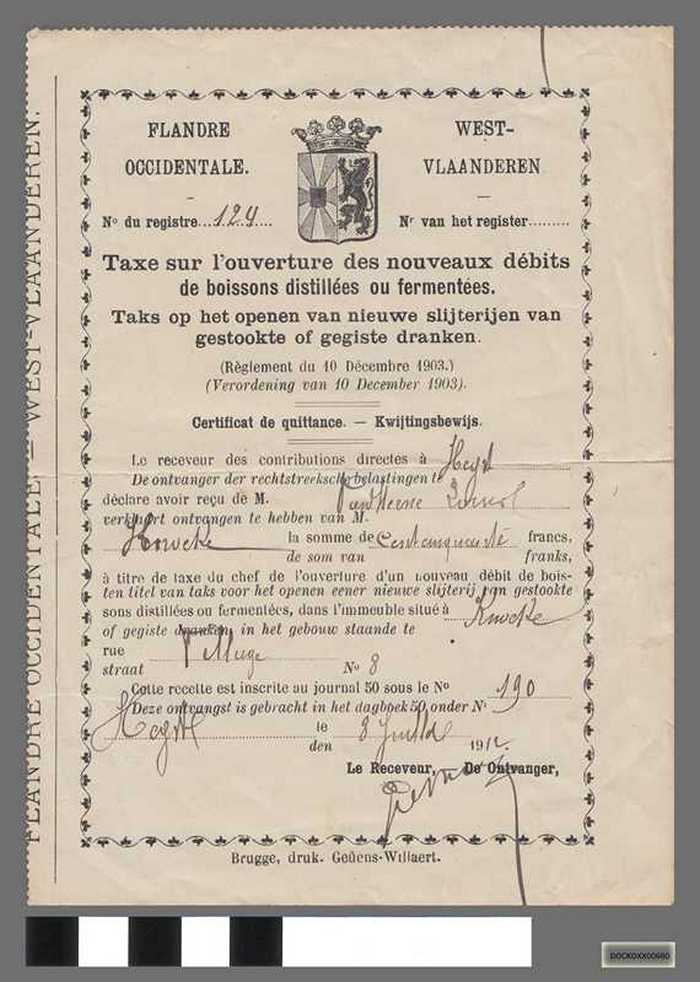 Kwijtingsbewijs - Taks op het openen van nieuwe slijterijen