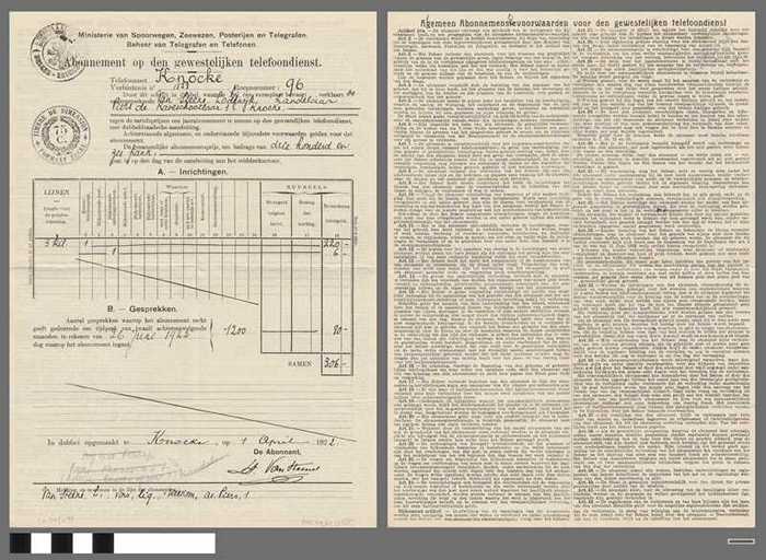 Regie van Telegraaf en Telefoon - Abonnement op den gewestelijken telefoondienst - Van Steene Lodewijk