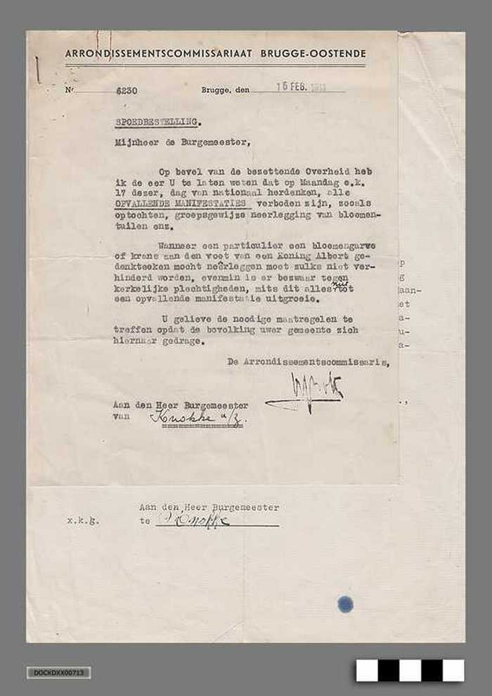 Correspondentie tussen Gemeentebestuur Knokke-aan-zee en Duitse bezetter anno 1941 - Verbod op opvallende manifestaties