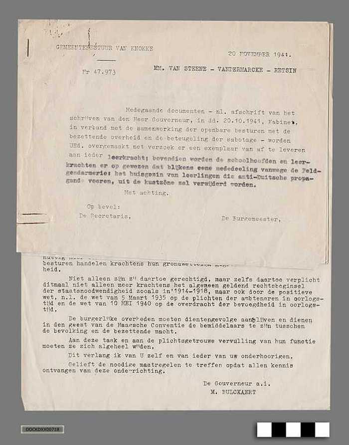 Correspondentie tussen Gemeentebestuur Knokke-aan-zee en Duitse bezetter anno 1941 - Samenwerking en beteugeling van sabotage