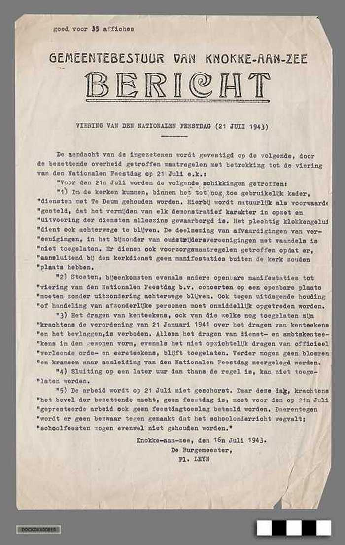 Oorlogscorrespondentie anno 1943 - De verordeningen voor de nationale feestdag van 21 juli