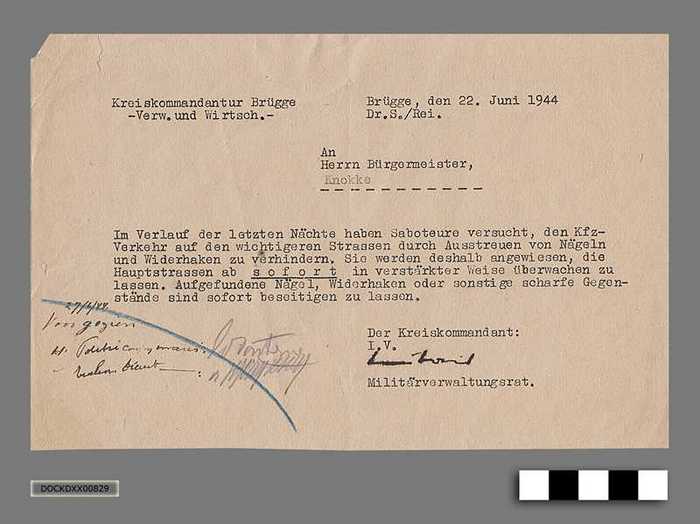 Oorlogscorrespondentie anno 1944 - Eis om de hoofdwegen beter te bewaken, omdat saboteurs er nagels strooien