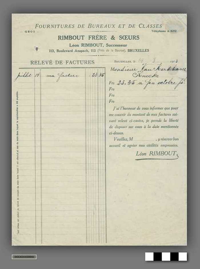 Rappel factuur van Fournitures de bureaux et de classes Rimbout frère & soeurs aan drukkerij A. Van Kerschaver - 1913