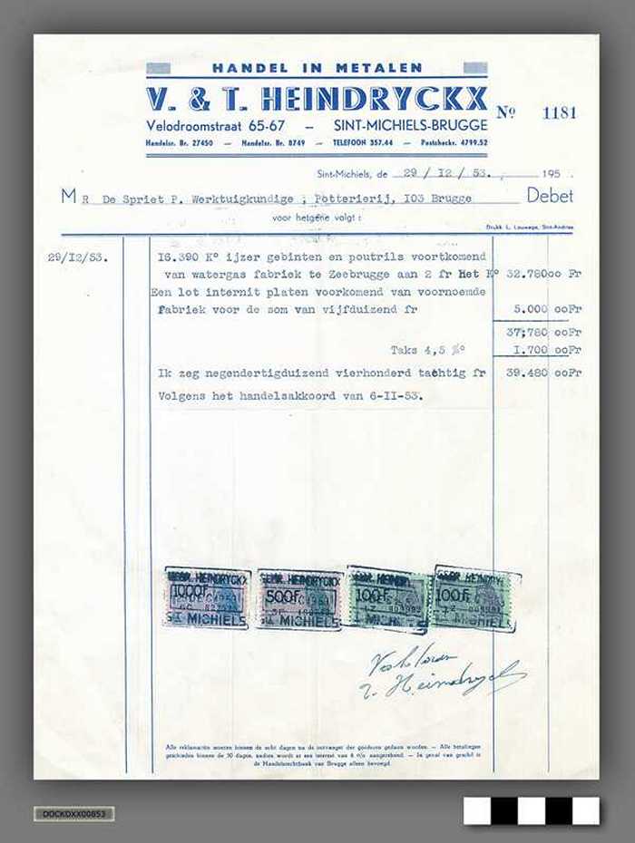 Factuur van Heindrycks - N° 1181 - IJzer gebinten en poutrils