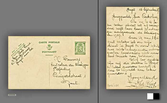 Briefkaart van Van Hole Louis aan de controleur der belastingen te Gent