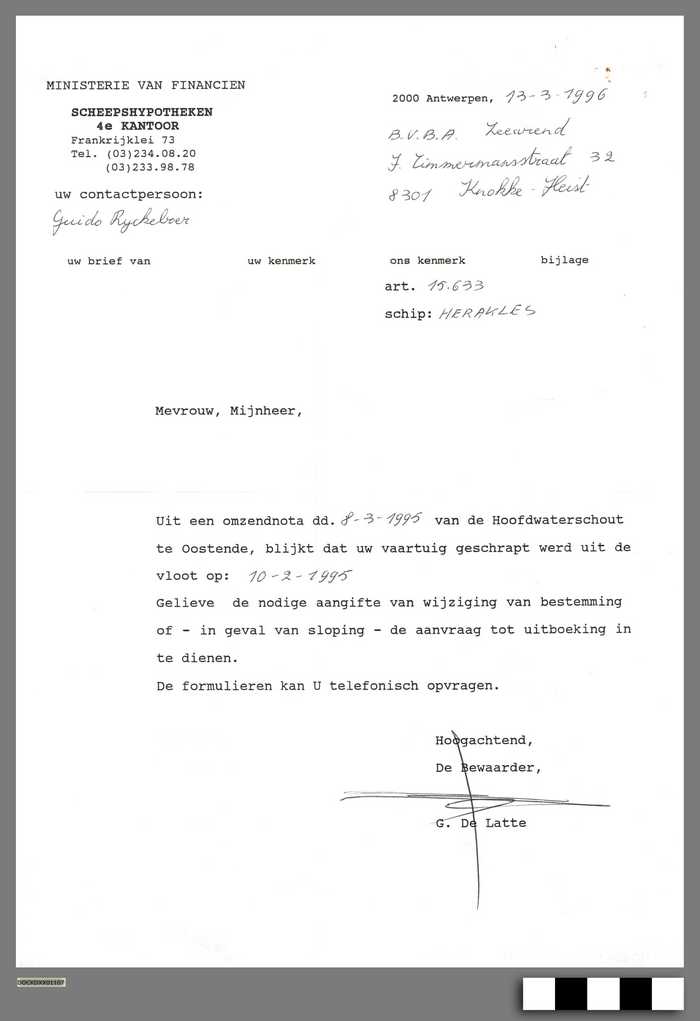 Briefwisseling schrapping vaartuig Herakles