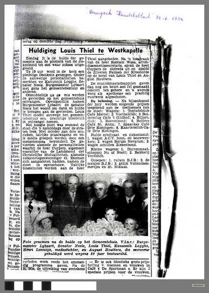 Krantenartikel `Huldiging Louis Thiel te Westkapelle