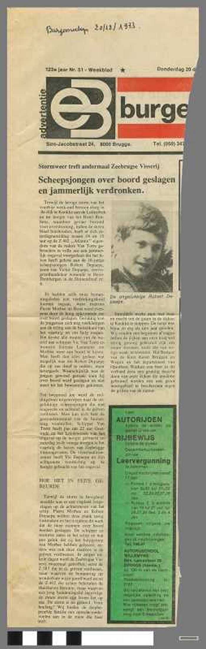 Stormweer treft andermaal Zeebrugse Visserij. Scheepsjongen over boord  geslagen en jammerlijk verdronken
