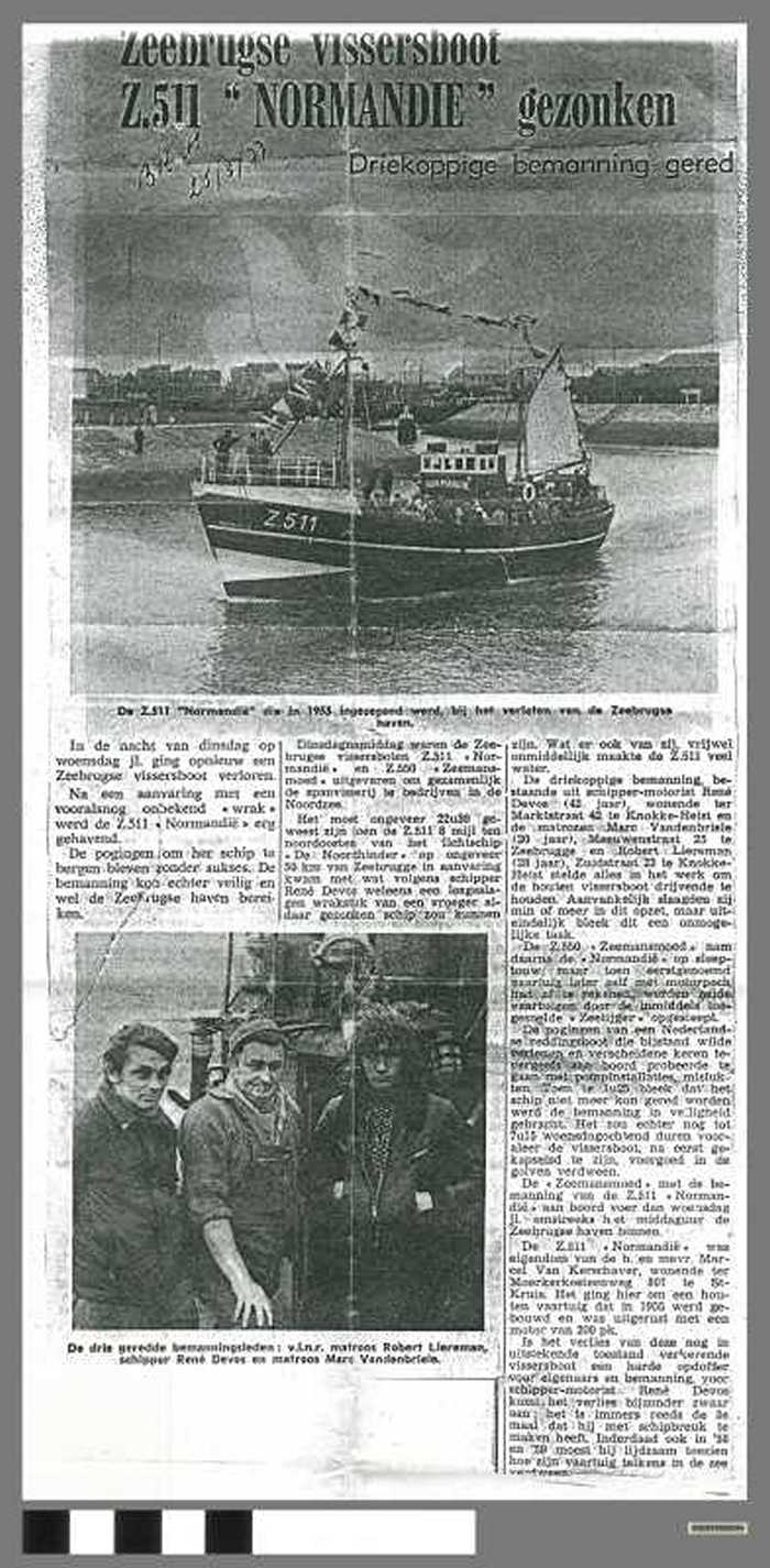 Zeebrugse vissersboot Z.511 'NORMANDIE' gezonken. Driekoppige bemanning gered