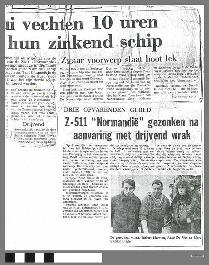 Drie opvarenden gered. Z.551 'Normandie' gezonken na aanvaring met drijvend wrak