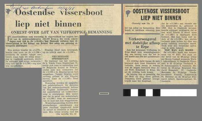 Oostendse vissersboot liep niet binnen - Onrust over lot van vijfkoppige bemanning - O.188 Erna