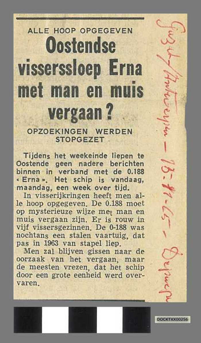 Alle Hoop opgegeven. Oostendse visserssloep Erna met man en muis vergaan?