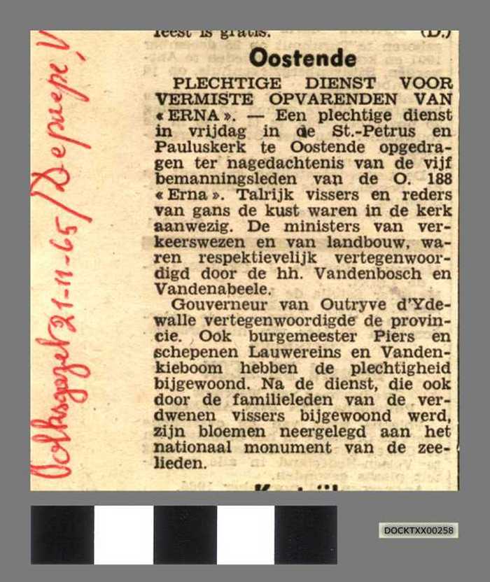 Plechtige Dienst voor vermiste opvarenden van Erna