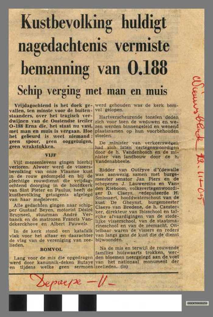 Kustbevolking huldigt nagedachtenis vermiste bemanning van O.188