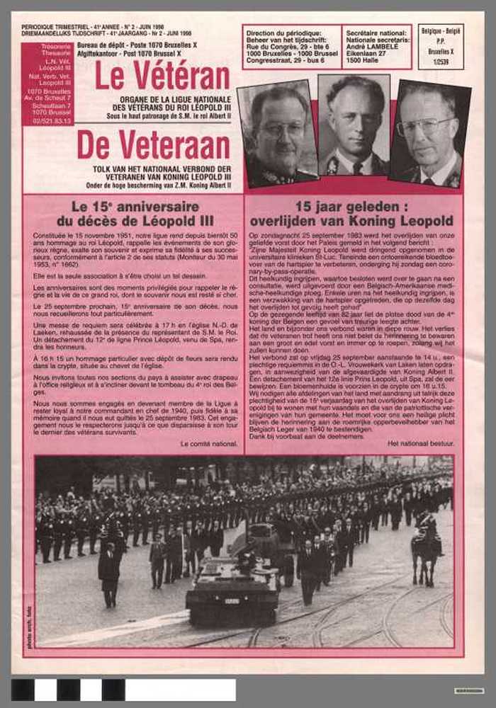 Le Vétéran, de Veteraan, tolk van het Nationaal Verbond der veteranen van koning Leopold III - 41e jaargang, nr 2 - juni 1998