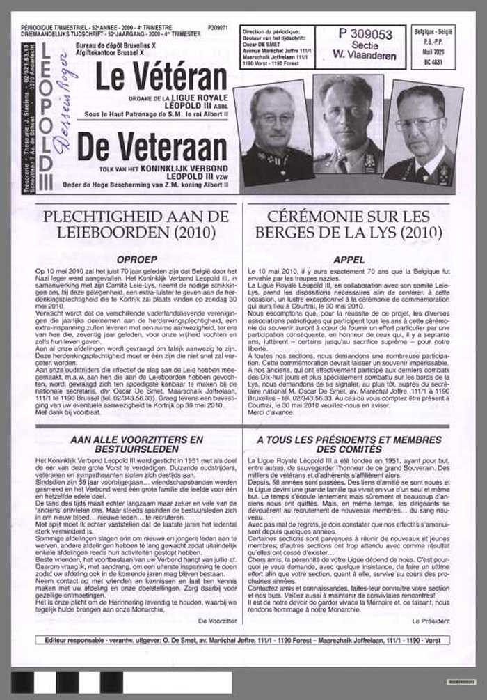 Le Vététran, organe de la Ligue Royale Léopold III, De Veteraan, Tolk van het Koninklijk Verbond Leopold III, 52e jaargang, 2009 - 4e trimester