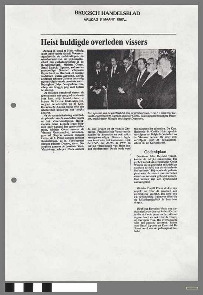 Krantenartikel: Heist huldigde overleden vissers - 1987