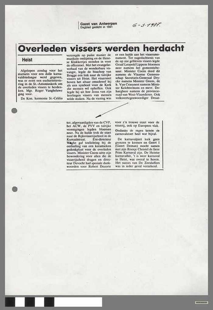 Krantenartikel: Overleden vissers werden herdacht te Heist - 1987