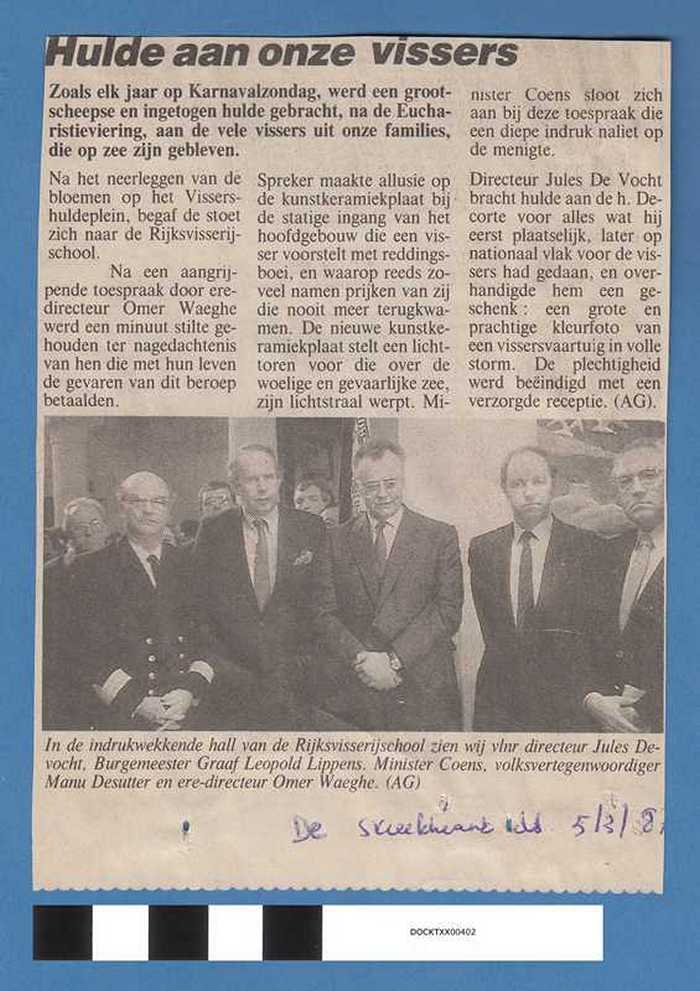 Krantenartikel: Hulde aan onze vissers - 1987