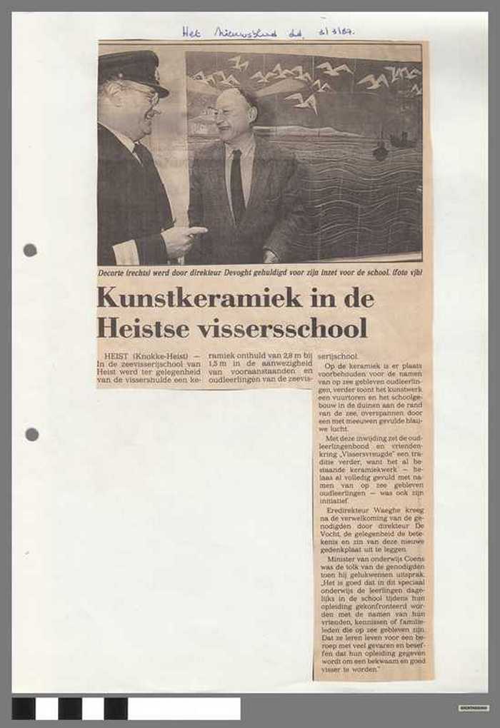 Krantenartikel: Kunstkeramiek in de Heistse vissersschool