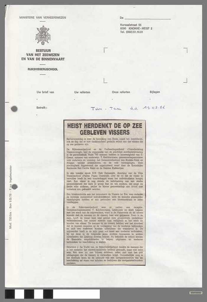 Krantenartikel: Heist herdenkt de op zee gebleven vissers